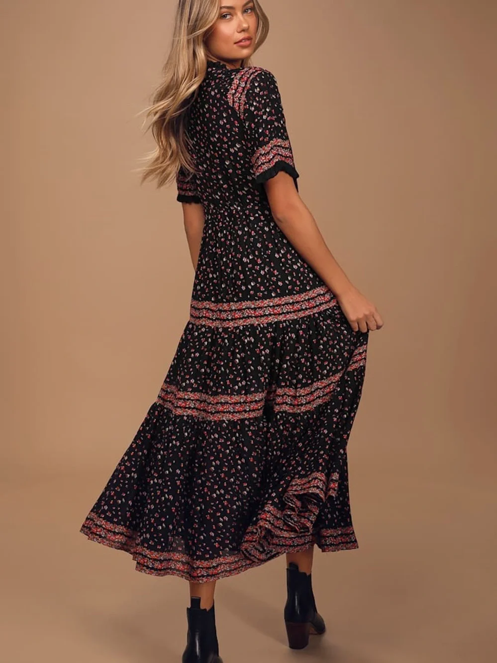 Free People Rare Feelings Black Floral Print Tiered Pleated Maxi Dress. Small - Picture 2 of 6
